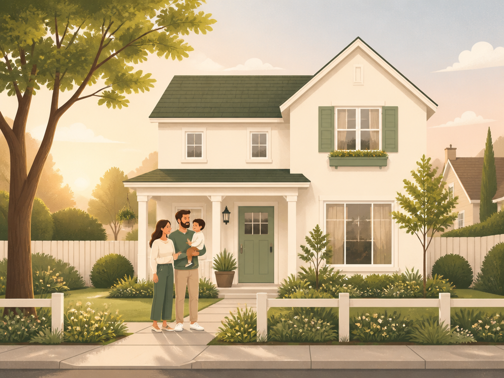 A welcoming family home with a tidy front yard and warm sunlight